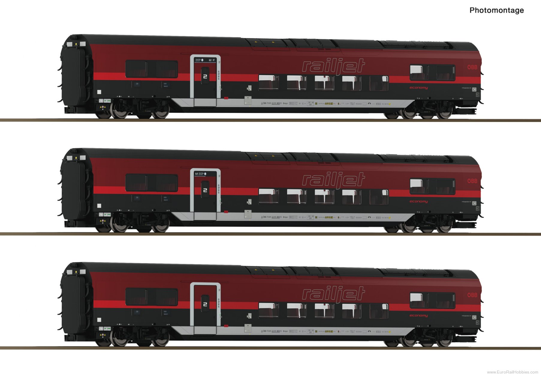 Roco 6200179 Roco OBB Railjet 2, 3 Piece Coach Set