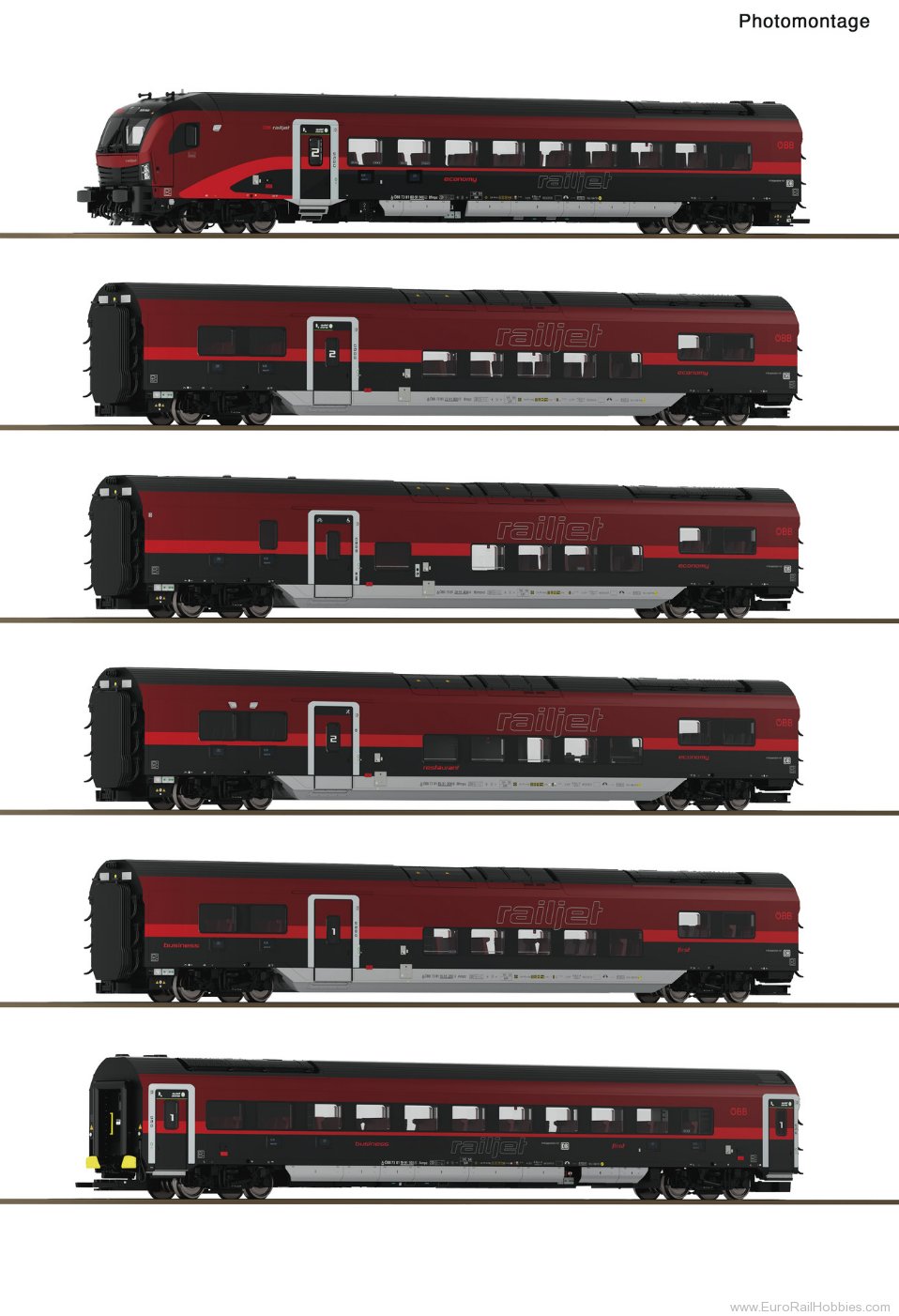 Roco 6210178 Roco OBB Railjet 2, 6 Piece Coach Set DCC w/L